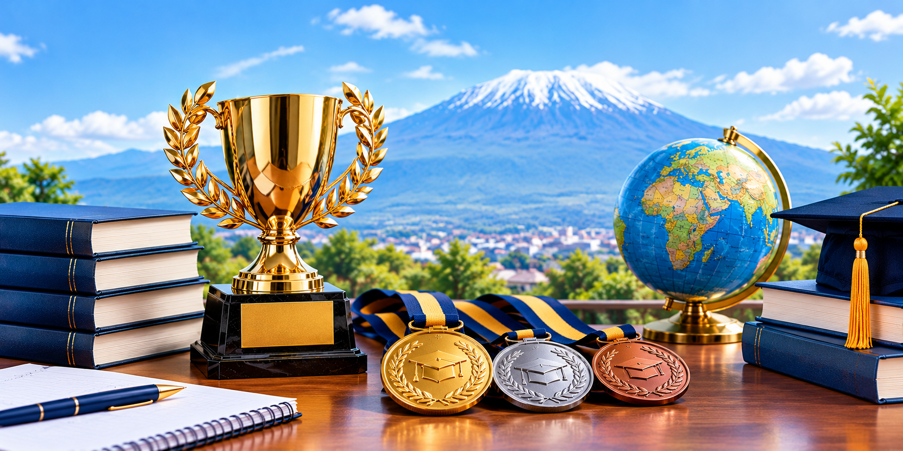 Academic trophy, medals and books with Mount Kilimanjaro in the background